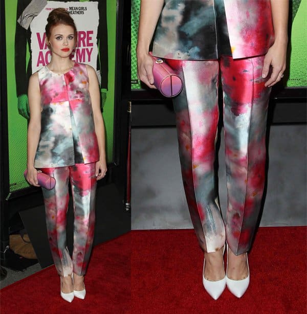 Holland Roden dazzles in a structured Elena Reva outfit at the 'Vampire Academy' premiere in Los Angeles on February 4, 2014