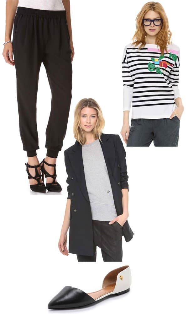 Jessica Alba-inspired travel outfit featuring Joie Mariner pants, a Band of Outsiders drop-shoulder printed top, a McQ Alexander McQueen tux jacket, and Tory Burch Viv two-tone d’Orsay flats