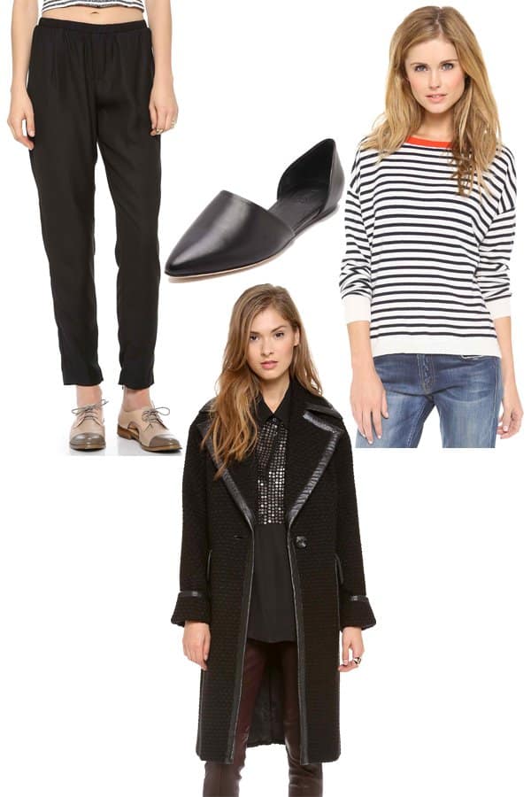Jessica Alba-inspired travel outfit featuring BB Dakota Noely jogging pants, a Demylee striped Alexa cashmere sweater, a Rachel Zoe Maxwell oversized coat, and Vince Nina two-piece flats