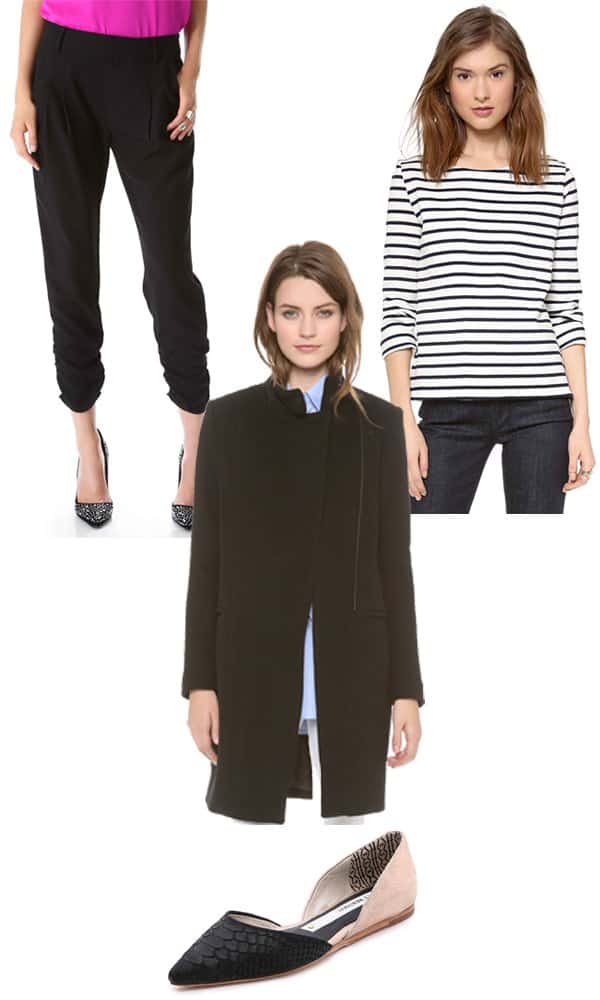 Jessica Alba-inspired travel outfit featuring Parker Devlin pants, a Petit Bateau Finette top, a Theory Furl Jessenia coat, and Matt Bernson Mercer d’Orsay flats