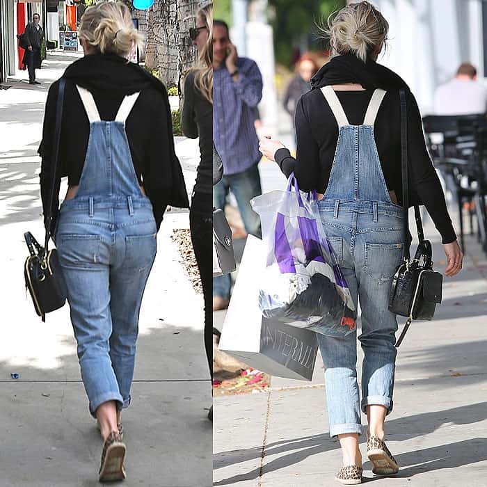 Rendered in faded denim, Julianne Hough's overalls have a vintage look with shredded holes and whiskering