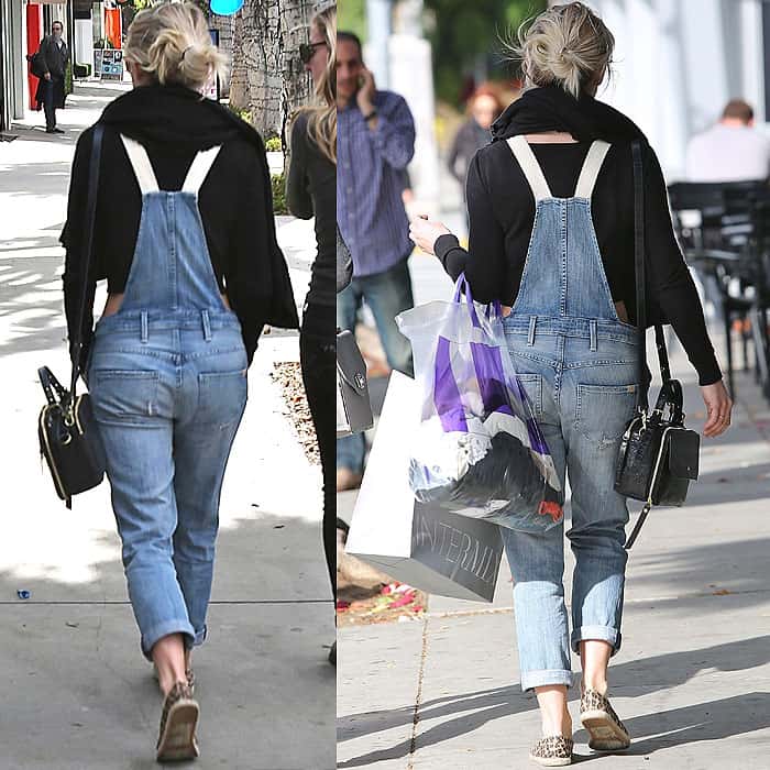 Julianne Hough's faded denim overalls feature vintage shredded holes and whiskering for a stylish edge