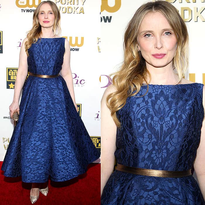 Julie Delpy in a navy Romona Keveza dress, Bionda Castana shoes and a Salvatore Ferragamo clutch at the 19th Annual Critics' Choice Awards