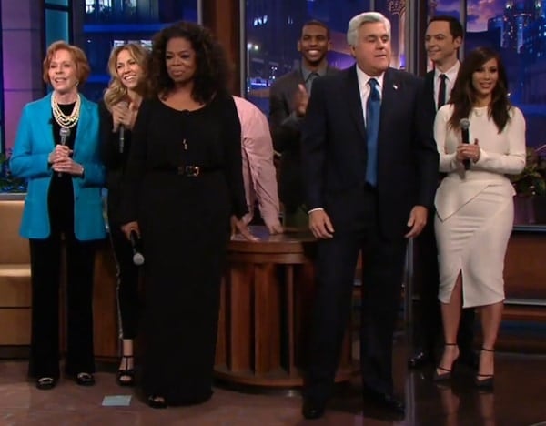 Kim Kardashian, Oprah Winfrey, and a star-studded cast of celebrities gathered on Jay Leno's final show on February 6, 2014, to sing a musical tribute to the legendary late-night host