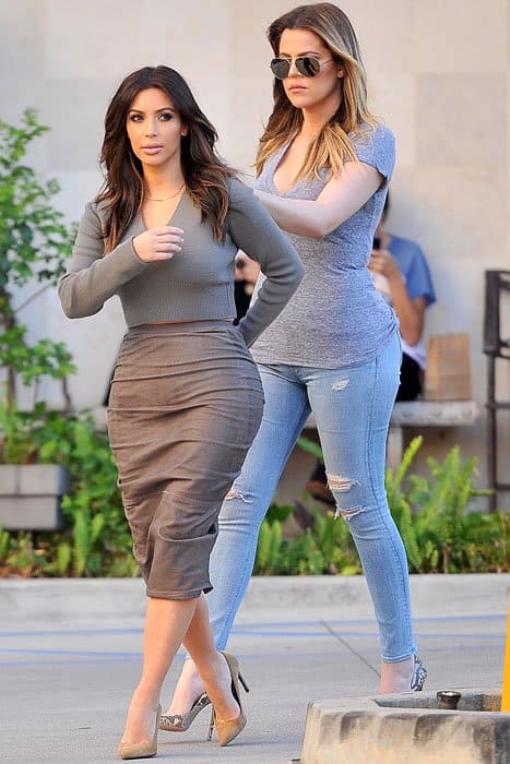 Kim Kardashian and Khloé Kardashian heading to a spa in Sherman Oaks, Los Angeles, on February 2, 2014