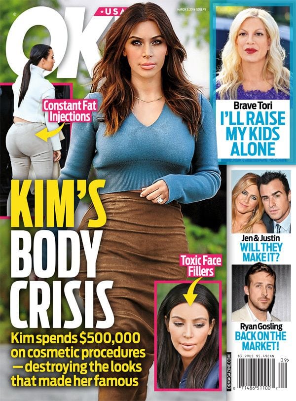 OK! Magazine cover highlights rumors about Kim Kardashian's cosmetic procedures, questioning if they're altering her famous looks