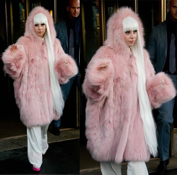 Lady Gaga wears a pastel pink fox fur coat with a hood by Russian fashion designer Helen Yarmak