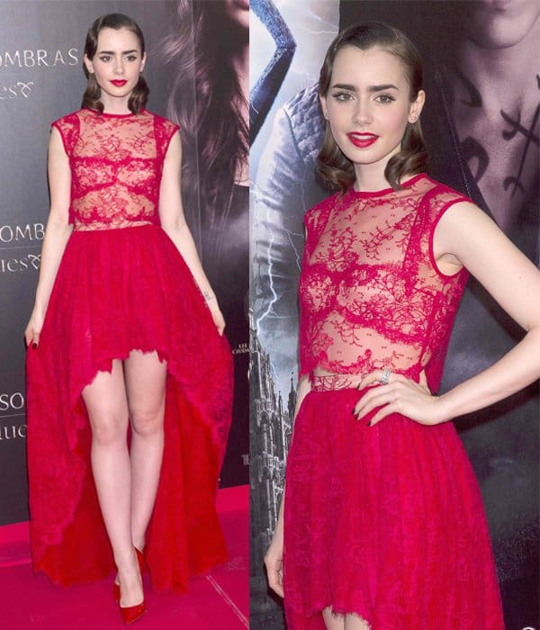 Lily Collins looks dainty in a lacey cropped top and full skirt at the premiere of The Mortal Instruments: City of Bones in Madrid, Spain, August 22, 2013
