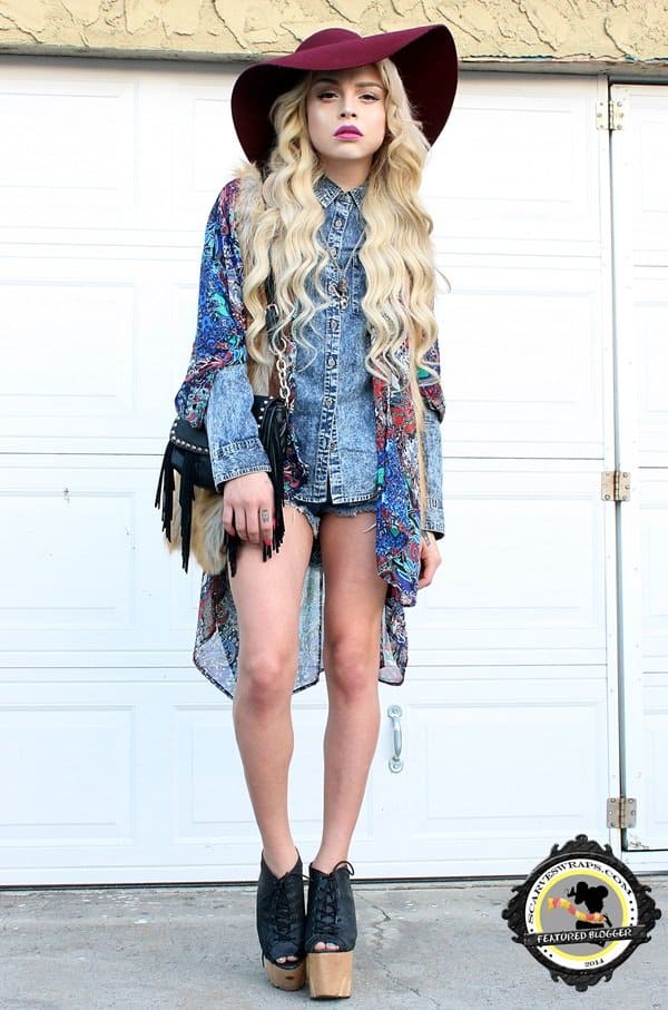 Luna Lovebad masterfully layers a kimono over a double denim ensemble, showcasing her unique style