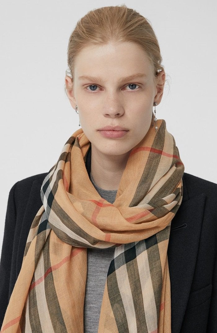 An Italian-made check wool and silk scarf in a lightweight gauze weave