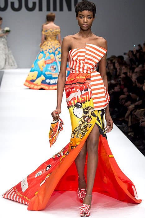 Moschino Fall 2014: Chic Dress Inspired by Snack Food Packaging with a Bold Split
