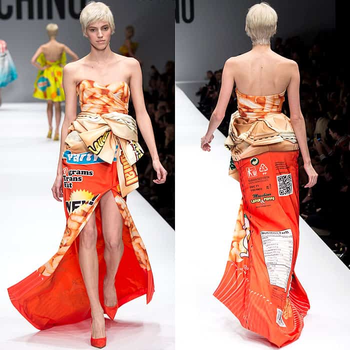 Moschino Fall 2014: Stylish Dress Inspired by Nutrition Facts and Snack Packaging