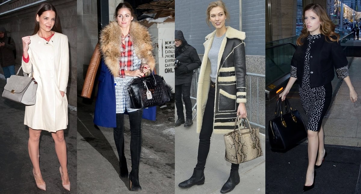 From left to right: Katie Holmes stuns in nude pumps and a cream coat with a Céline Trapeze bag, Olivia Palermo layers plaid and fur with a croc Givenchy Antigona, Karlie Kloss nails winter chic in a shearling coat and ankle boots with a python Michael Kors tote, and Anna Kendrick pairs classic black pumps with a McQueen Heroine bag and printed sheath dress