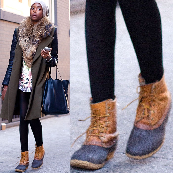 Model wears sensible duck boots