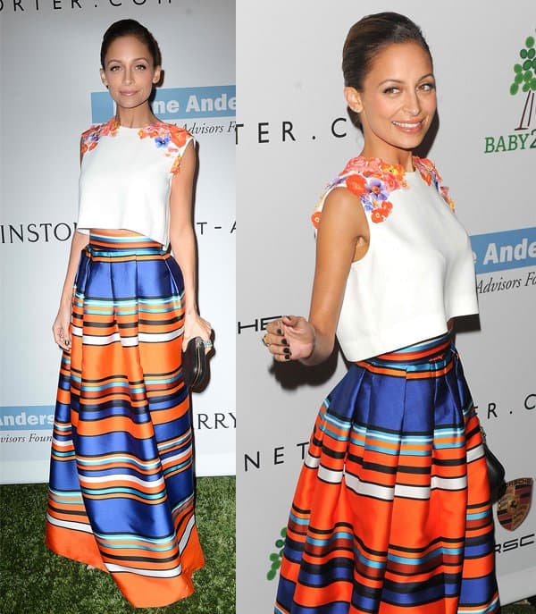 Nicole Richie pairs a boxy cropped top with a high-waisted full skirt at the 2nd Annual Baby2Baby Gala in California, November 20, 2013