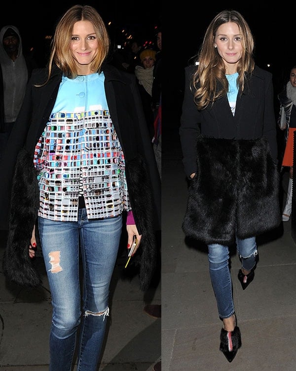 Olivia Palermo dresses in layers, including ripped jeans and a furry black coat