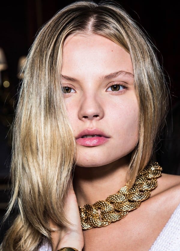 A model wears an oversized necklace at the Balmain Spring/Summer 2014 fashion show