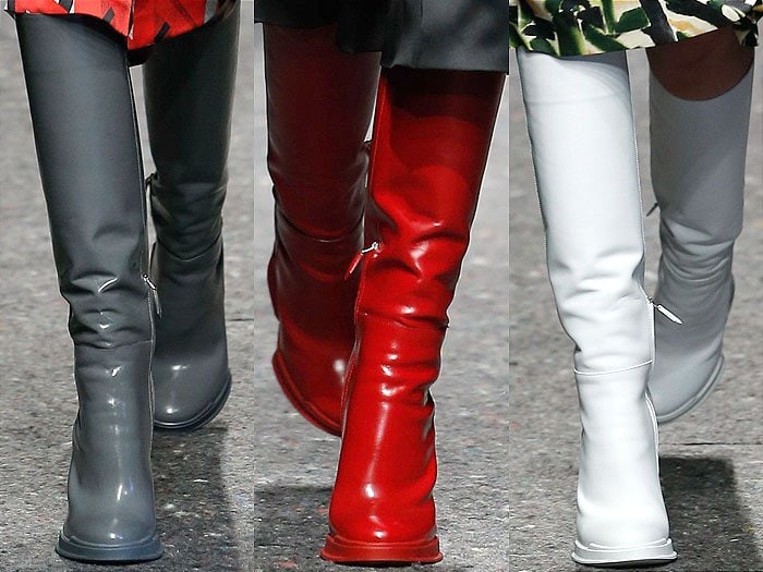 Prada's wedged knee-high boots in grey, red, and white