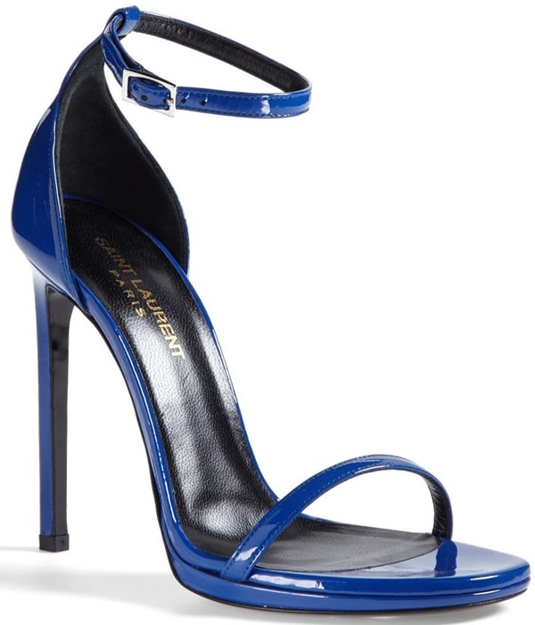 Minimalist design rendered in sleek calfskin leather elevates an electric-blue sandal to chic heights