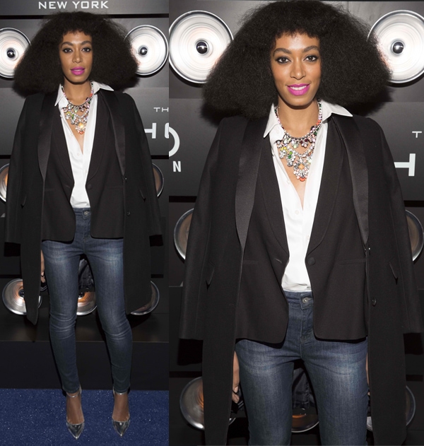 Solange Knowles in a blazer and jeans at Playboy's 60th-anniversary party