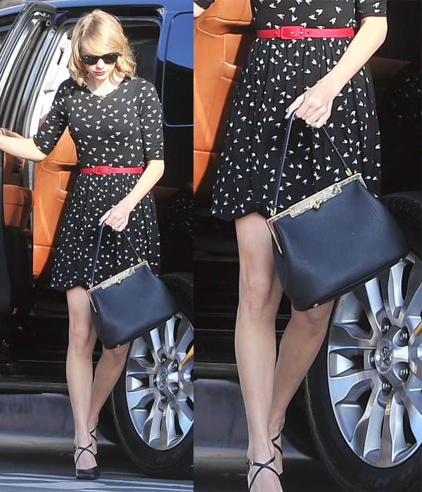 Taylor Swift flaunts her legs in an ASOS skater dress with hummingbird print