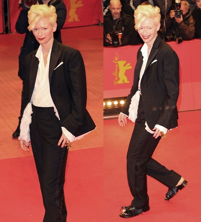 Tilda Swinton wears an androgynous black-and-white suit on the red carpet