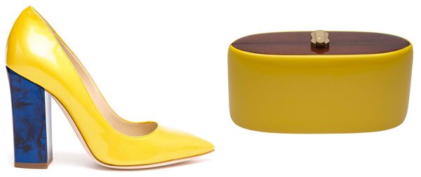 Pollini patent leather pumps with marbled heels and a Rocio Candy Clutch