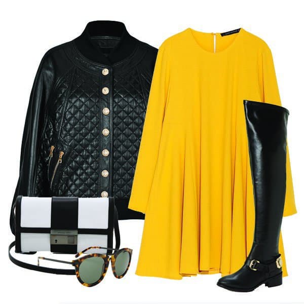 Long-sleeve dress with quilted leather jacket, boots, handbag and sunglasses