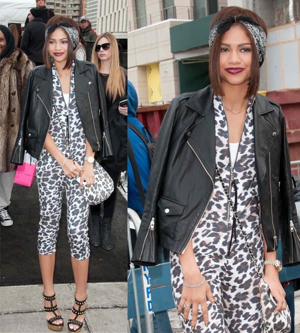 Zendaya Coleman wears an animal print jumpsuit during New York Fashion Week