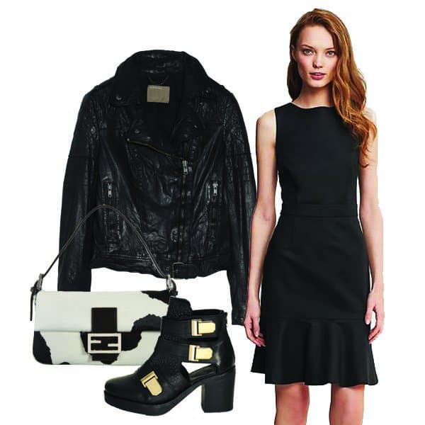 Sleek suit flounce dress with leather jacket, boots and handbag