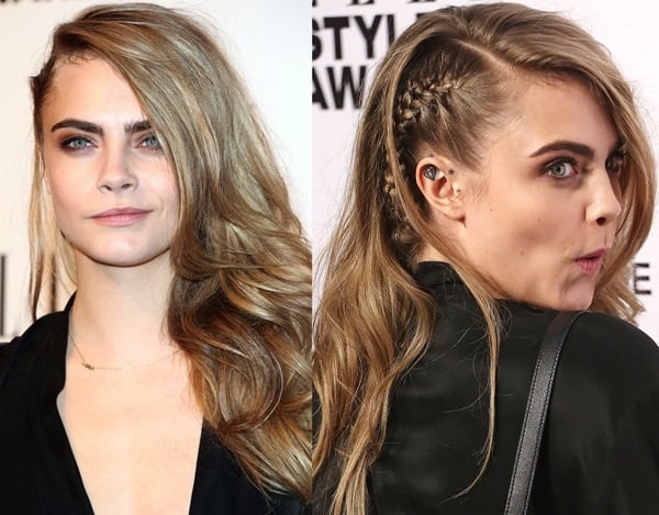 Cara Delevingne styled her hair in an asymmetrical braid on one side and cascading waves on the other