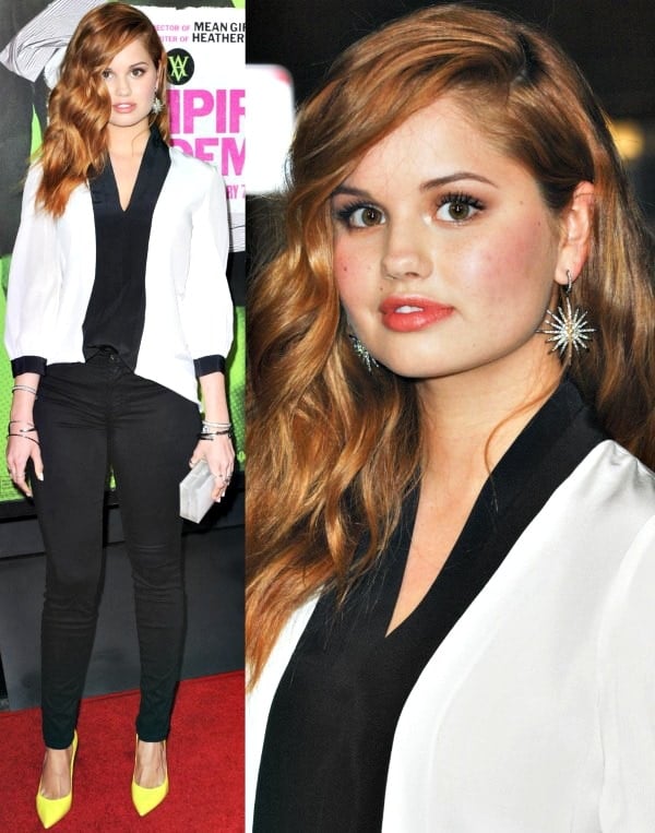 Debby Ryan in a color-blocked charmeuse from Kate Spade New York