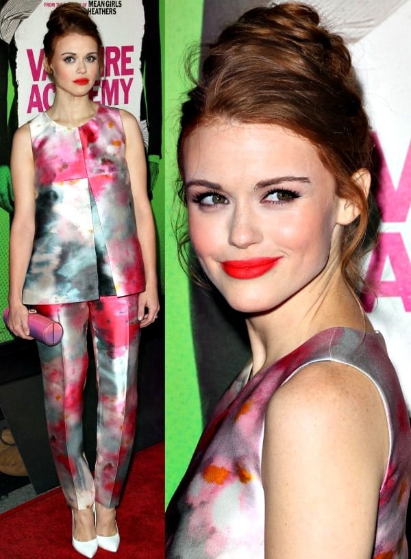 Holland Roden in a watercolor sleeveless top and matching pants