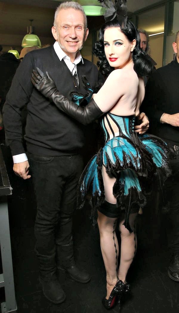 Dita Von Teese with Jean Paul Gaultier backstage during Paris Fashion Week Haute Couture Spring/Summer 2014 in Paris
