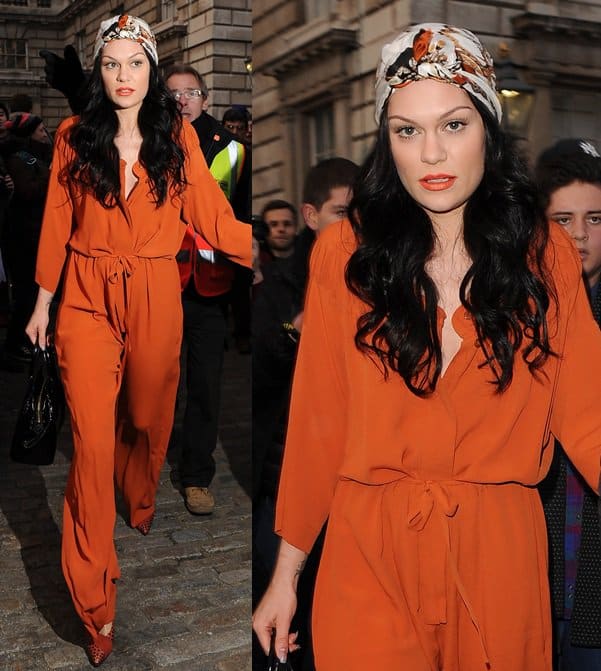 Jessie J wears a tangerine-hued long-sleeved onesie