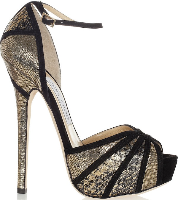 Jimmy Choo "Kalpa" Sandals in Gold Elaphe and Black Suede