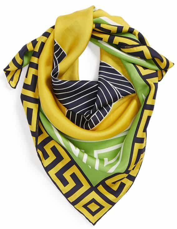 An oversized avian graphic amplifies the signature style of a square silk scarf trimmed with a deco-inspired border