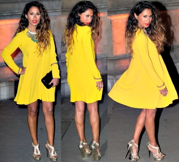 Preeya Kalidas styled her vibrant yellow dress with metallic platform sandals featuring rhinestone embellishments, adding an extra touch of glamour