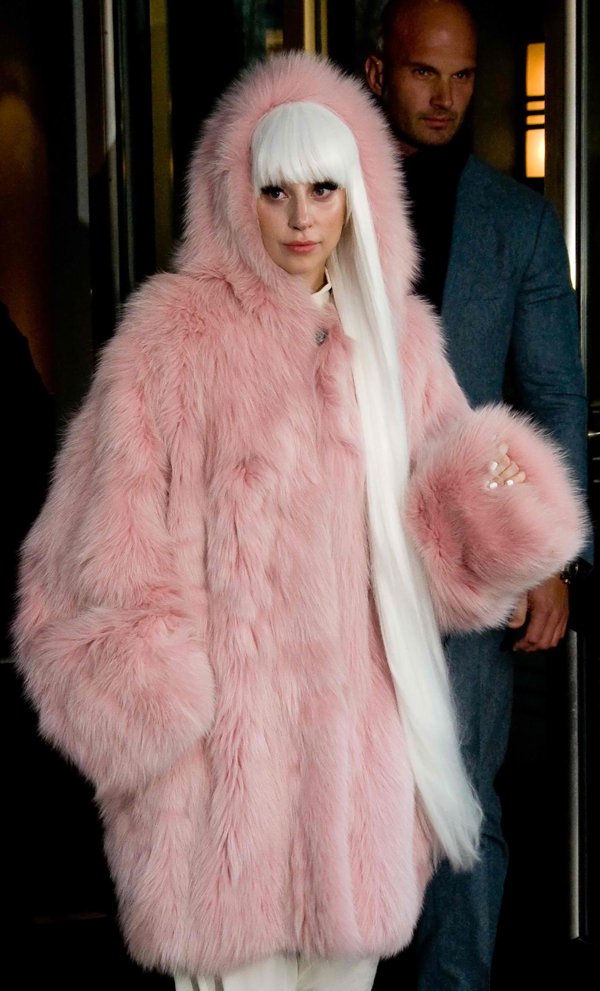 Lady Gaga in an oversized pink fur coat on her way to Tonight Show