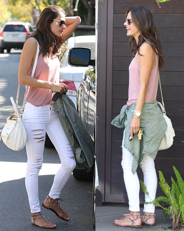 Alessandra Ambrosio showcases casual chic in white FRAME Denim skinny jeans
