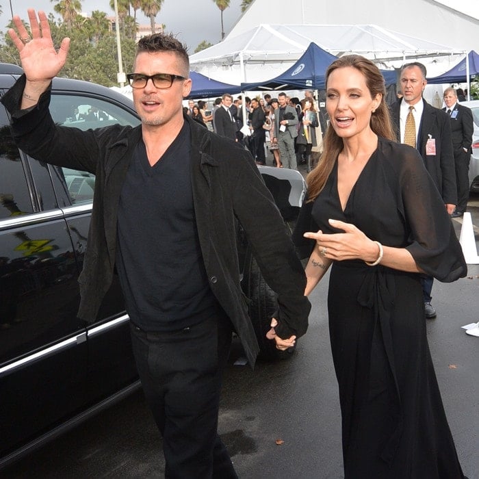 Angelina Jolie leaving the venue of the 2014 Independent Spirit Awards with her partner, Brad Pitt, in Santa Monica, California, on March 1, 2014