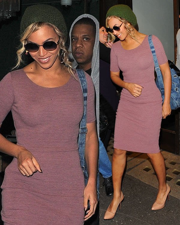 Beyonce stuns in a plum Topshop dress and nude Louboutin heels during a night out with Jay Z