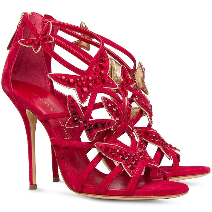 Casadei "Evening" Swarovski-Studded Butterfly Sandals in Red Suede