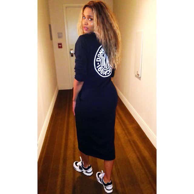 Ciara wearing a hooded DKNY dress