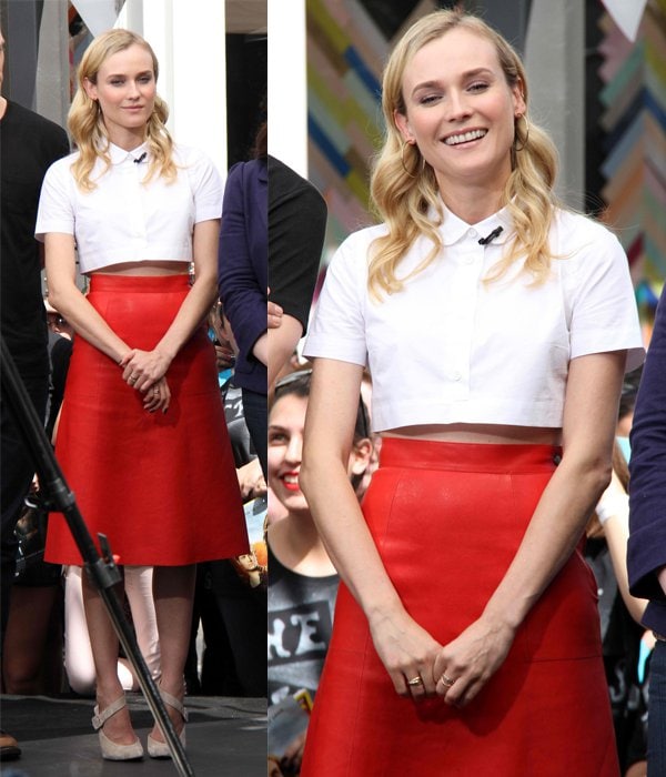 Diane Kruger wearing a collared white cropped blouse