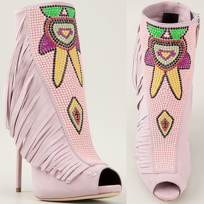 Giuseppe Zanotti Beaded and Fringed Suede Peep-Toe Booties