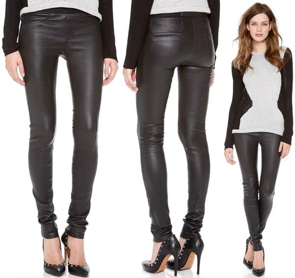 Helmut Lang's stretch leather pants, featuring faux front pockets and welt back pockets, are a staple in Miranda Kerr's chic Parisian wardrobe