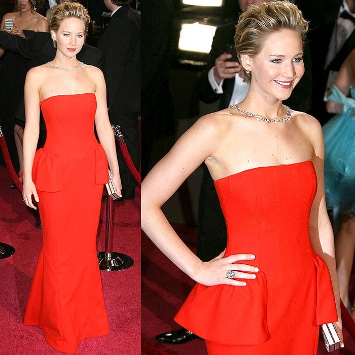Jennifer Lawrence posing on the red carpet at the 86th Annual Academy Awards held at Dolby Theatre in Hollywood, California, on March 2, 2014