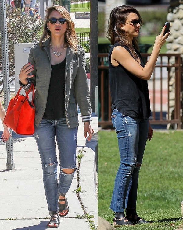 Jessica Alba effortlessly styles destroyed 7 For All Mankind Slim Cigarette jeans