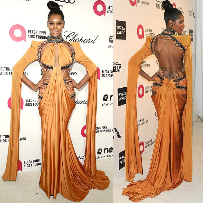 Jessica White strikes a pose in a revealing Nicolas Jebran gown at the 22nd Annual Elton John AIDS Foundation Academy Awards Viewing/After-party in West Hollywood, California